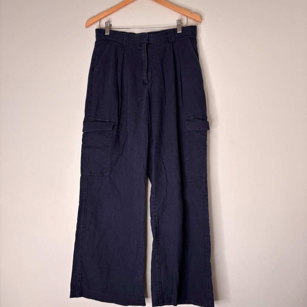 Abercrombie Linen Cargo Navy Blue Wide Leg Pants High Waist Size Small‎ Regular
